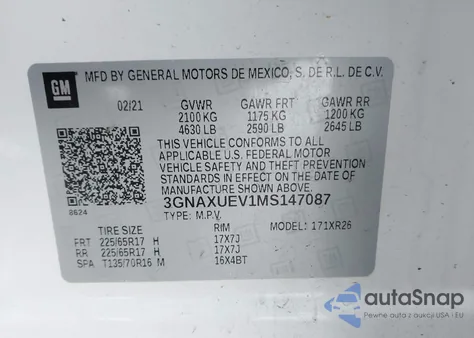 2021 Chevrolet Equinox Awd Lt z USA, uszkodzony, nr VIN 3GNAXUEV1MS147087